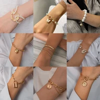 bohemian gold beads pearl bracelets for women metal fashion beaded charm bracelets pearl pendant chain bracelets women jewelry