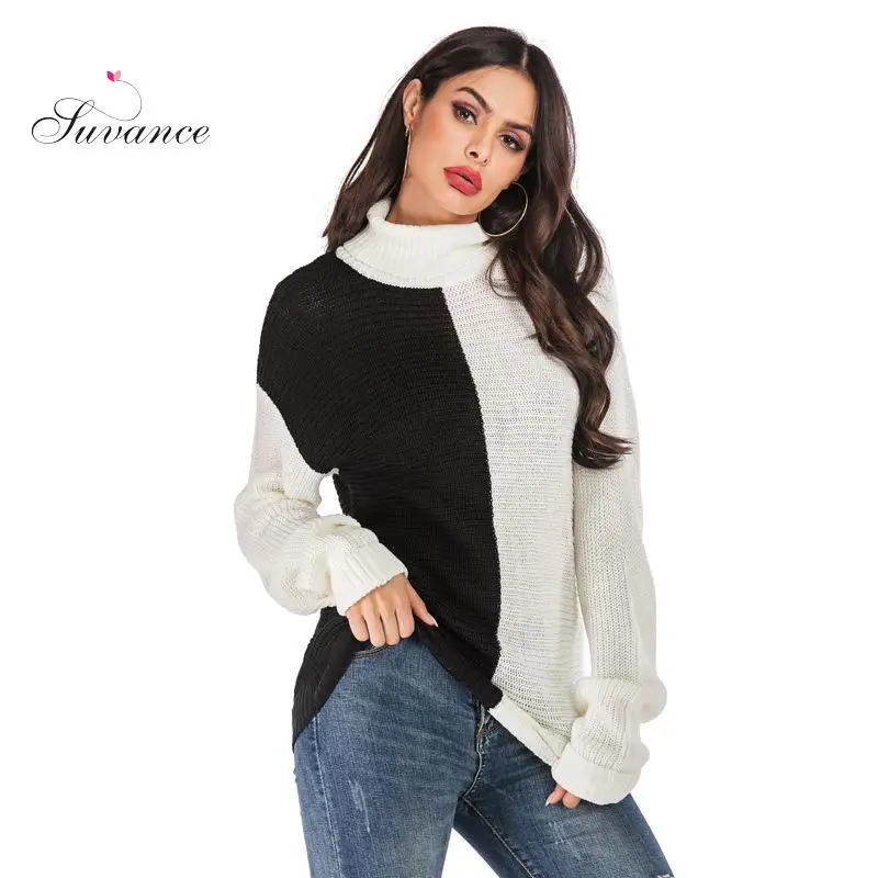 Женский трикотажный свитер-водолазка в стиле пэчворк 2 цвета | Женская одежда