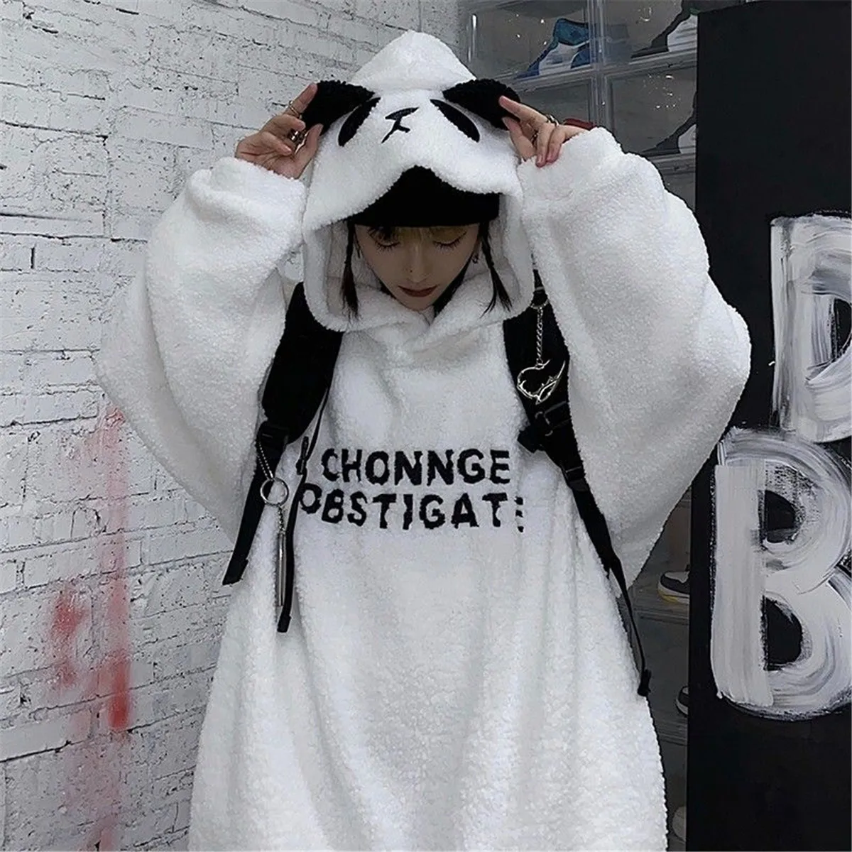 

White Cartoon Bear Hoodie Autumn Fashion Sweatshirt Women Cute Korean Patchwork Tops Vintage Oversized Hooded Kawaii Hoodie Girl