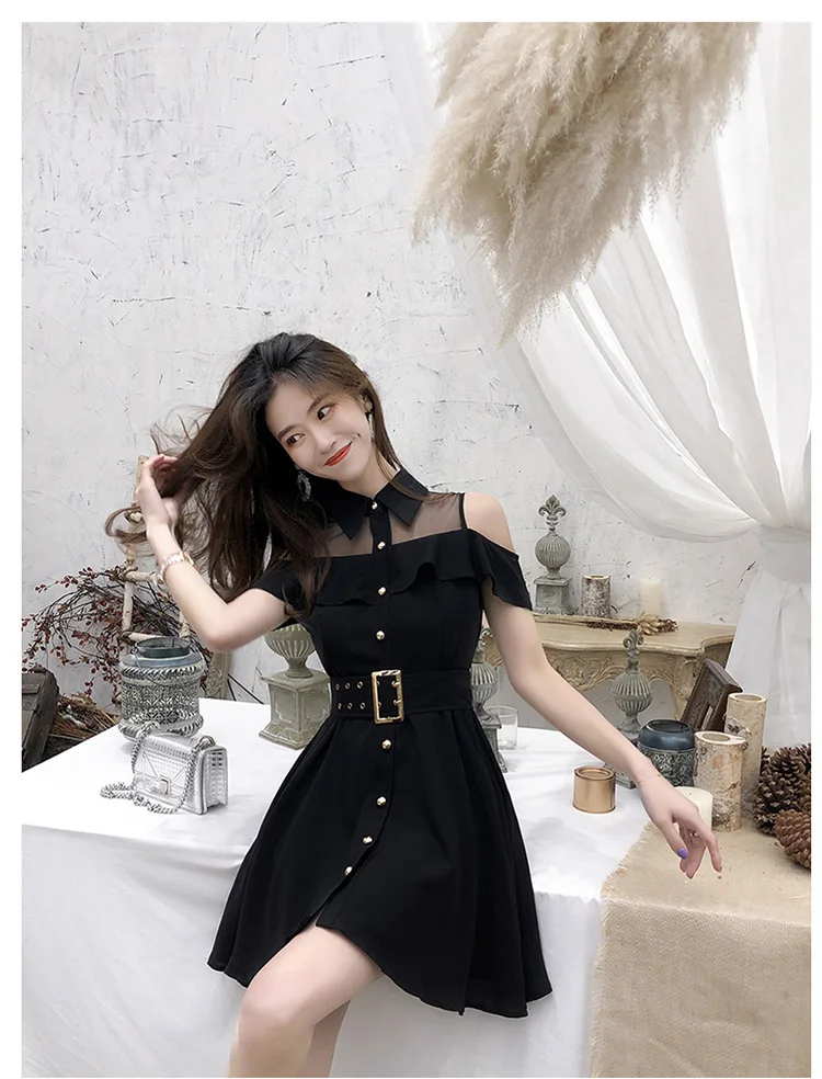 

ZAWFL Elegant Women Lace Black Ruffle Mesh Splice Turn-Down Collar Dress Casual A Line Mid Length Dress 2020 Summer