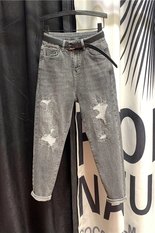 

2021 Spring New Jeans Women's Ripped Harem Pants Slim Cropped Pants Girls Students Holes Street Jean Women Denim Jeans Trousers