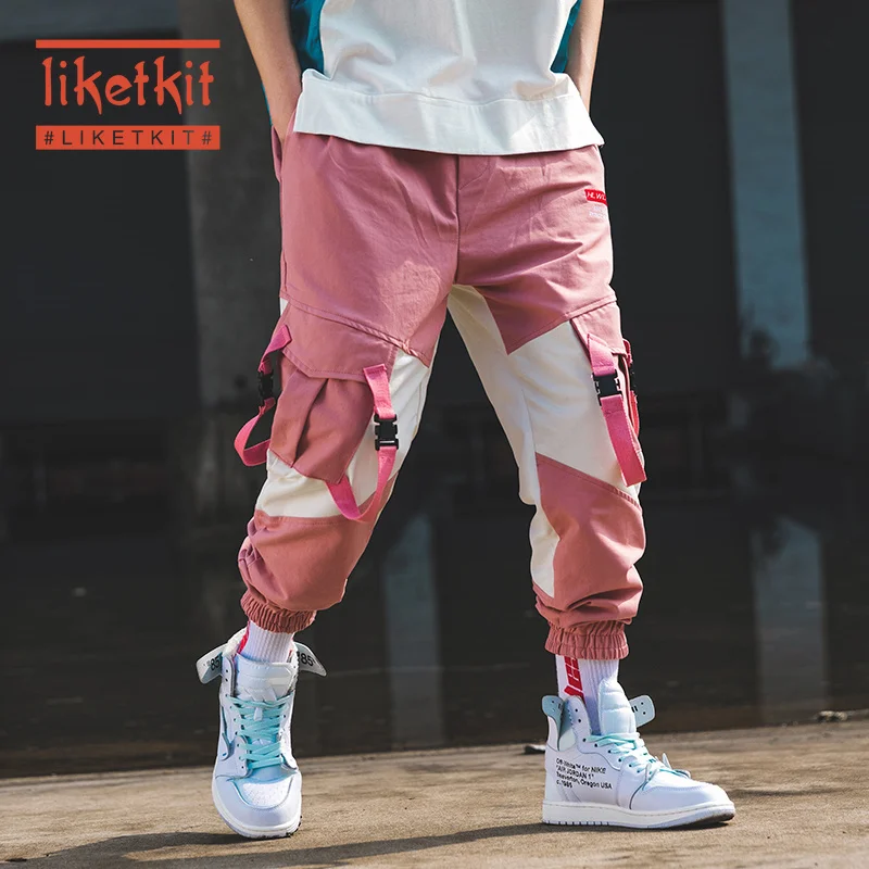 Liketkit мужские брюки карго 2019 розовые цветные с лентами в стиле хип-хоп штаны для