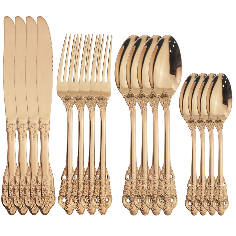 

Western 16Pcs Rose Gold Dinnerware Set 304 Stainless Steel Cutlery Set Knife Fork Spoon Tableware Set Home Dinner Silverware Set