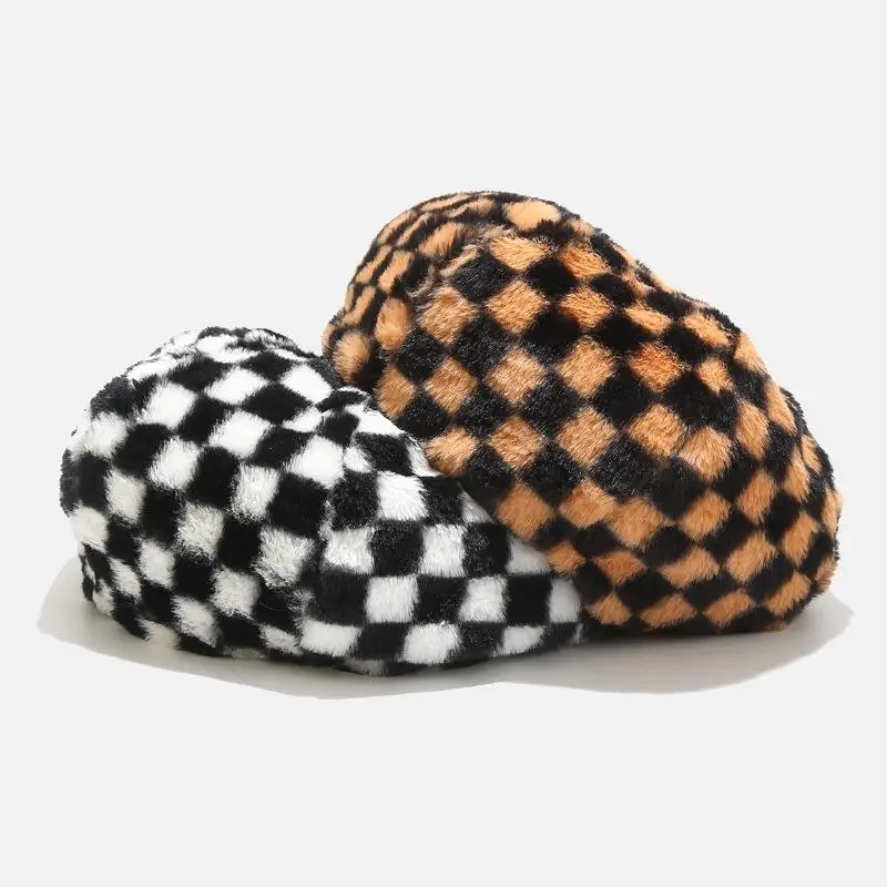 Женский берет с клетчатым принтом шапка из искусственного бархата зимние теплые