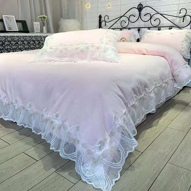 

Winter Bedding Set Solid Lace Duvet Cover Fitted Sheet Pillowcase Double-Sided Flannel Thickened Warm Bedding