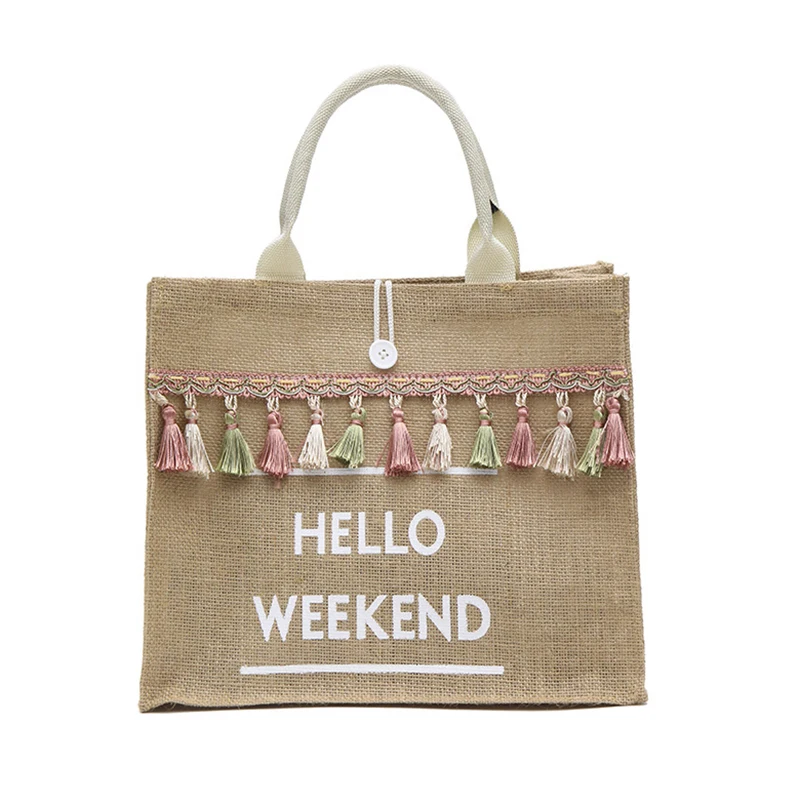 

Women Summer Beach Bags Handbags Large Capacity Lady Tassel Shoulder Bag Big Letter Linen Totes Casual Girls Travel Shopping Bag