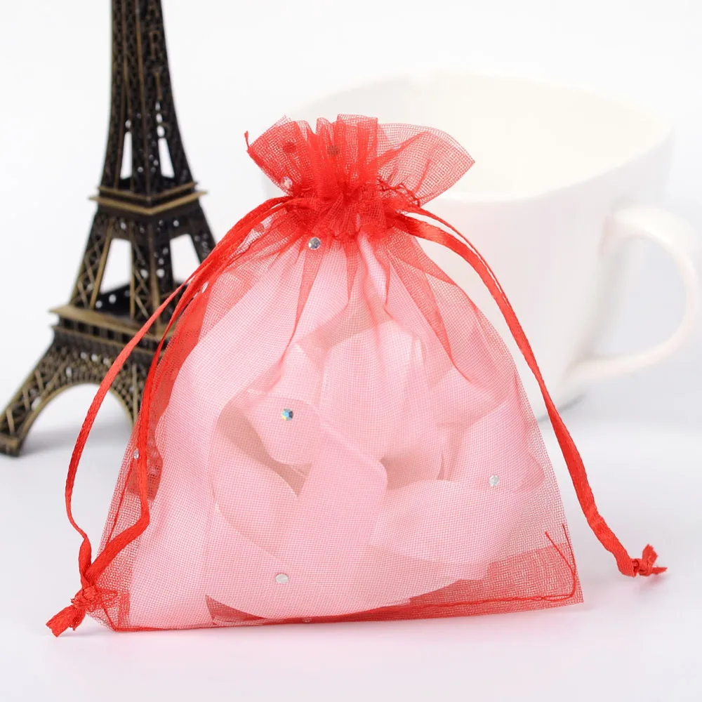 

100pcs/lot Glitter Rectangle Organza Bags Drawstring Gift Wedding Jewelry Packaging Bag Red White Pink 12x10cm