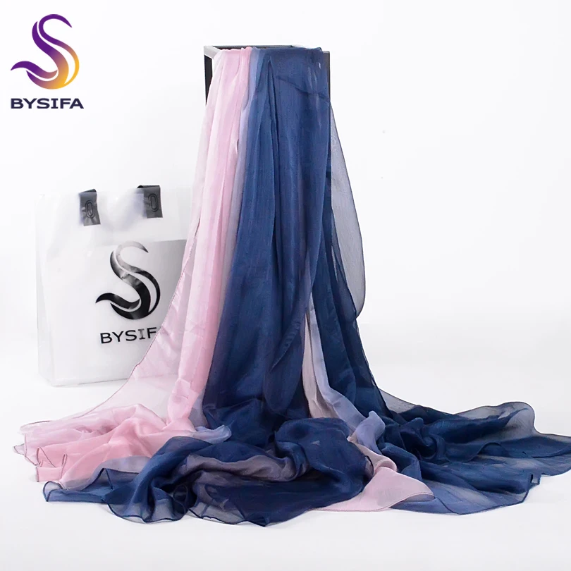 Зимние женские шарфы [BYSIFA] 2017 Брендовые однотонные градиентные шелковые длинные