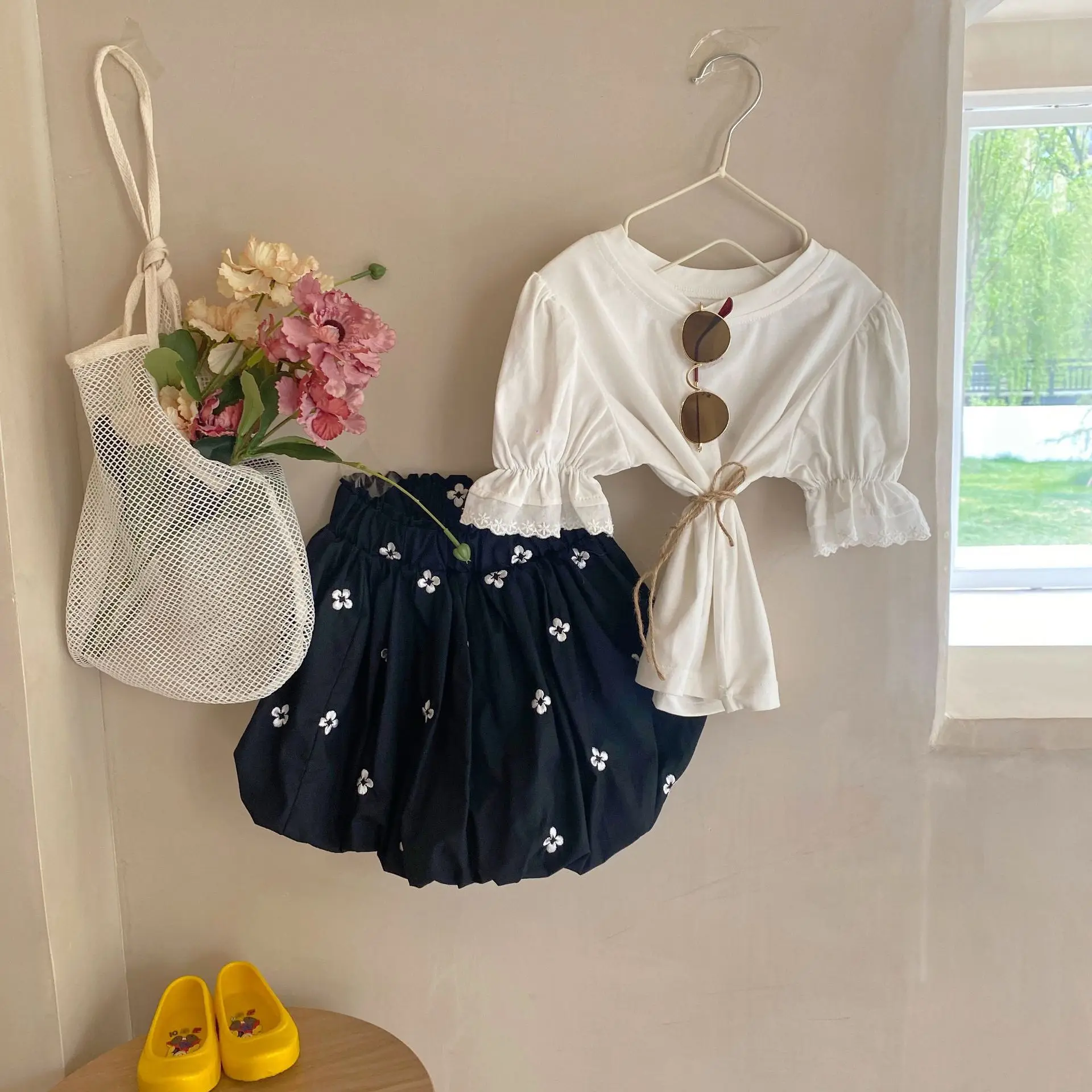 

Korean Children's Clothing 2021 Summer New Girls Embroidered Flower Cotton Lantern Skirt