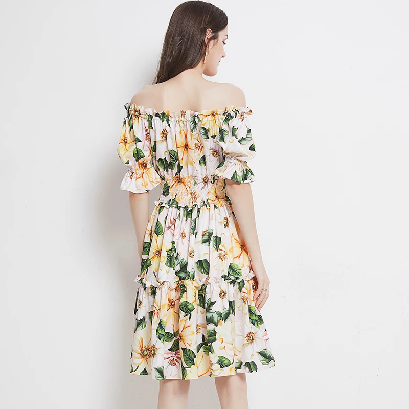 

Summer Fashion Boho Mini Dress Women Sexy Slash neck Elastic waist Flower Print Casual Party Holiday Short Dress k366