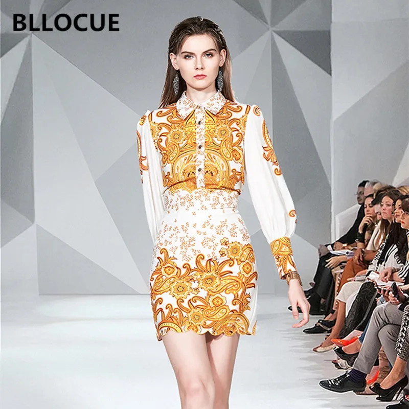 Женский винтажный костюм BLLOCUE подиумный осенний рубашка с золотым принтом +