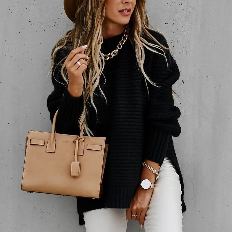 

2021 Fashion Split Knit Pullover Long Sleeve Oversized Street Style Women's Winter Elegant Pure Color Women's Sweater