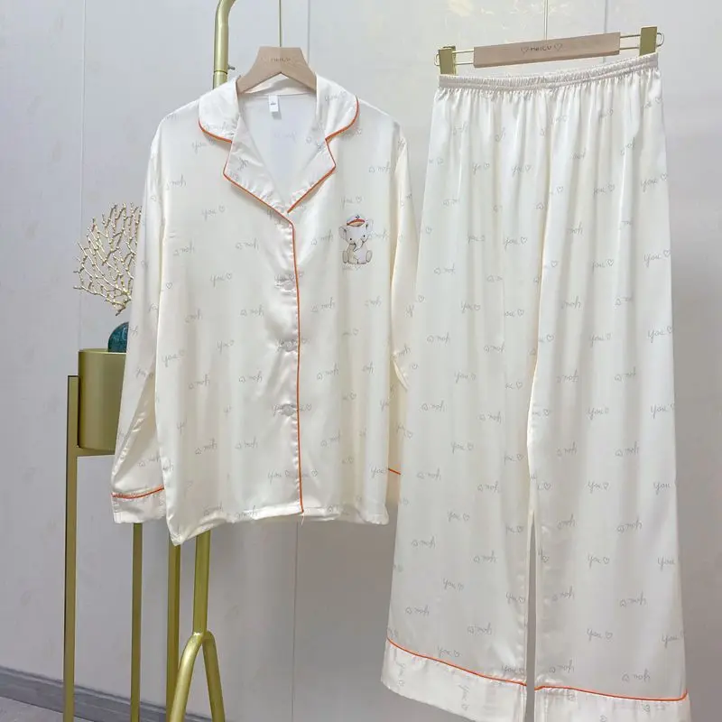 

Lady Spring Autumn Pajamas Silky Satin Ladies Long-sleeve Loose Large Size Casual Soft Pijama Korean Style Homewear Two Pieces