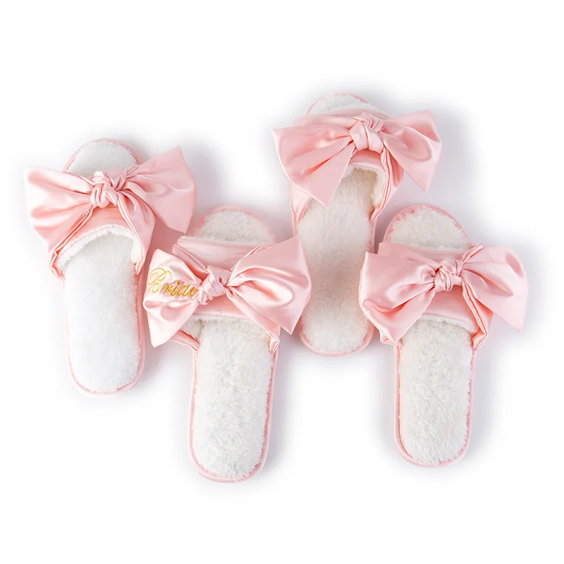 

1 Pair Bride Wedding Slipper Home Warm Slippers with Bowknot Velvet Indoor Non-slip Slippers Hen Night Bachelorette Party Gifts