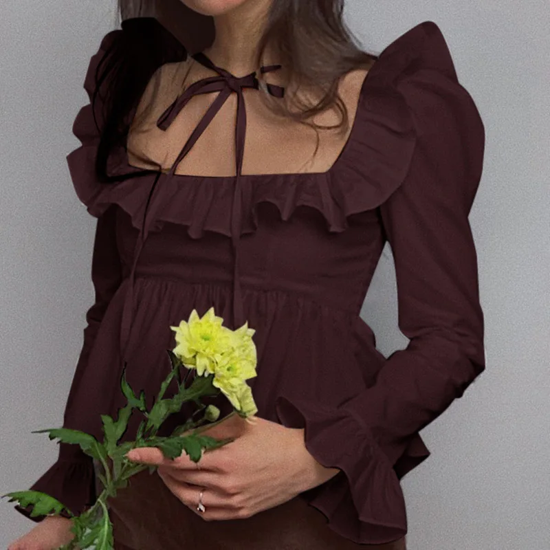 

Fashion Ruffled Women T-shirts Long Sleeve Commute Tops Square Collar Backless Bandage Slim-fit Ladies Tees Streetwear 2 Colors