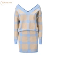 women suit knitted sweater and dress two pieces set autumn winter plaid casual knitwear long sleeve loose pullover bodycon skirt
