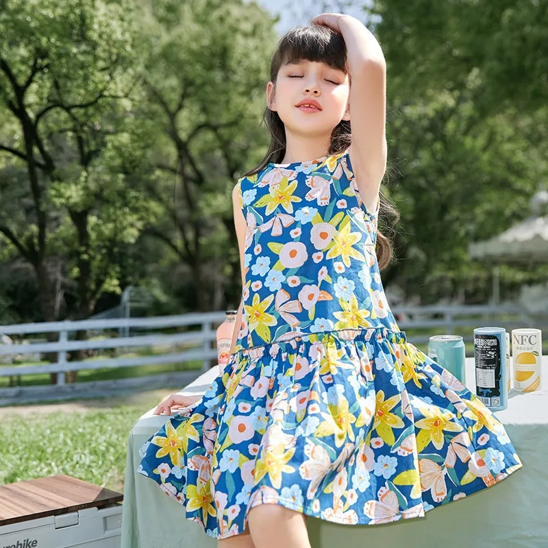 

Летнее платье с цветочным принтом для девочек; Модные Платья До Колена без рукавов; Детские вечерние платья для дня рождения, свадьбы, выпус...