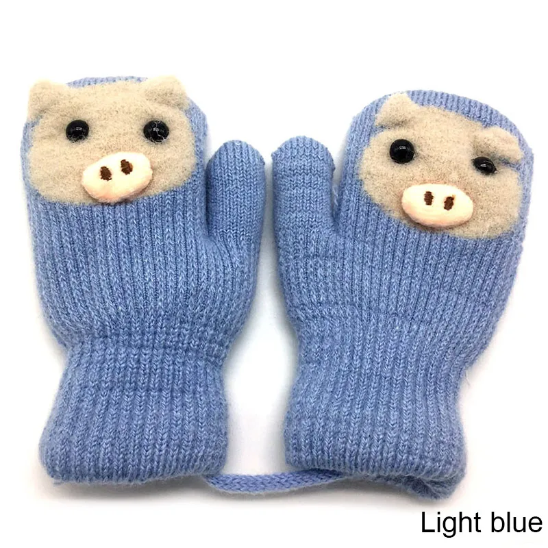 light blue YEABIU/зимние уличные детские вязаные утолщенные перчатки для мальчиков и девочек Теплые детские перчатки с веревкой, детские перчатки с рисунком свинки, детские перчатки - Цвет: light blue