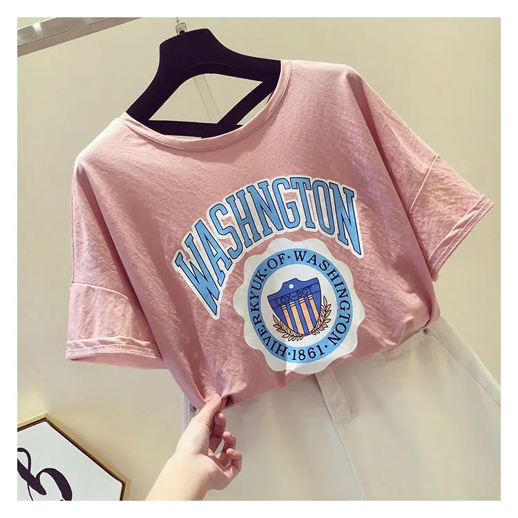 

Female T-shirt with short sleeves 2020 new han edition easing the letters printing machine carefully dew back half sleeve coat i