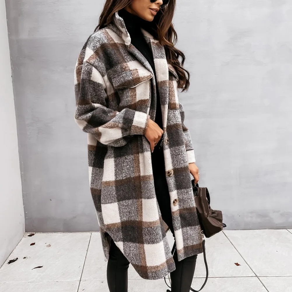 

Womens Check Long Fleece Casual Jacket Shirt Coat Tunic Oversize Jacket Tunic Oversize Jacket Loose