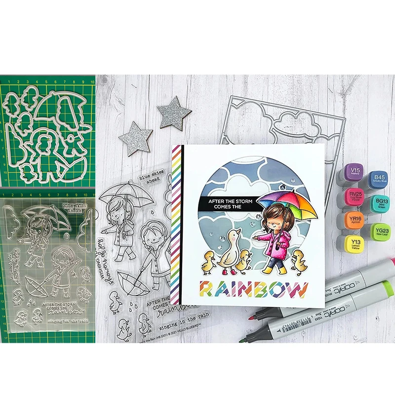 Девушка с зонтом Дождливый день - набор прозрачных штампов и металлических ножей для вырубки, для самостоятельного скрапбукинга, тиснения, создания альбомов, штамповки и штампов.