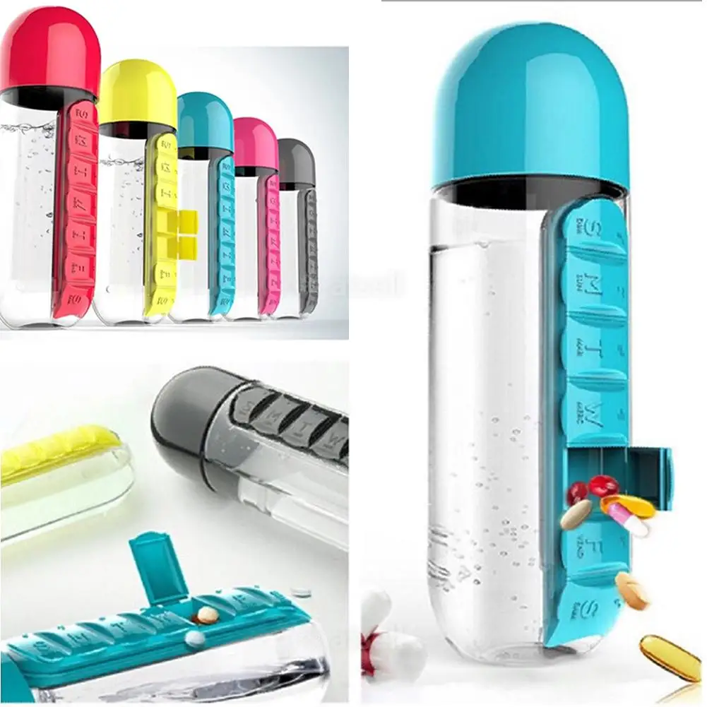 

2-in-1 Water Bottle with Pill Case Weekly Pillbox Small Combine Daily Pill Case Organizer Medicine Pastillero Pill's Box