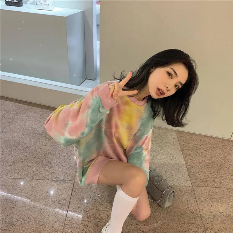 Уличная одежда Ulzzang в стиле пэчворк Женский свитшот Харадзюку свободные пуловеры