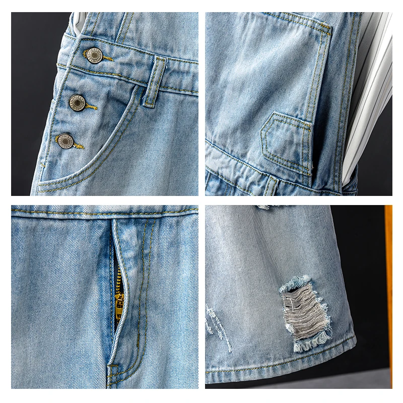 Джинсовый комбинезон мужской летний шорты на подтяжках с цветными отверстиями