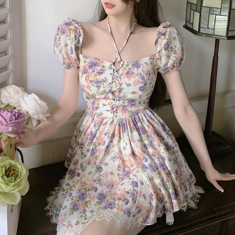 

Puff Sleeve French Vintage Sexy Dresses Women Casual 2021 Summer Bandage Mini Elegant Floral Dress Females Party Korean Style