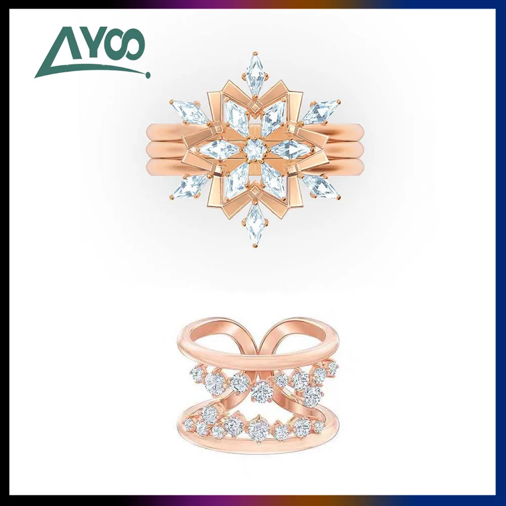

Fashion Jewelry SWA Rose Starlight Hierarchical Ring Hollow Snowflake Crystal Three-in-One Set Female Romantic Gift For Women
