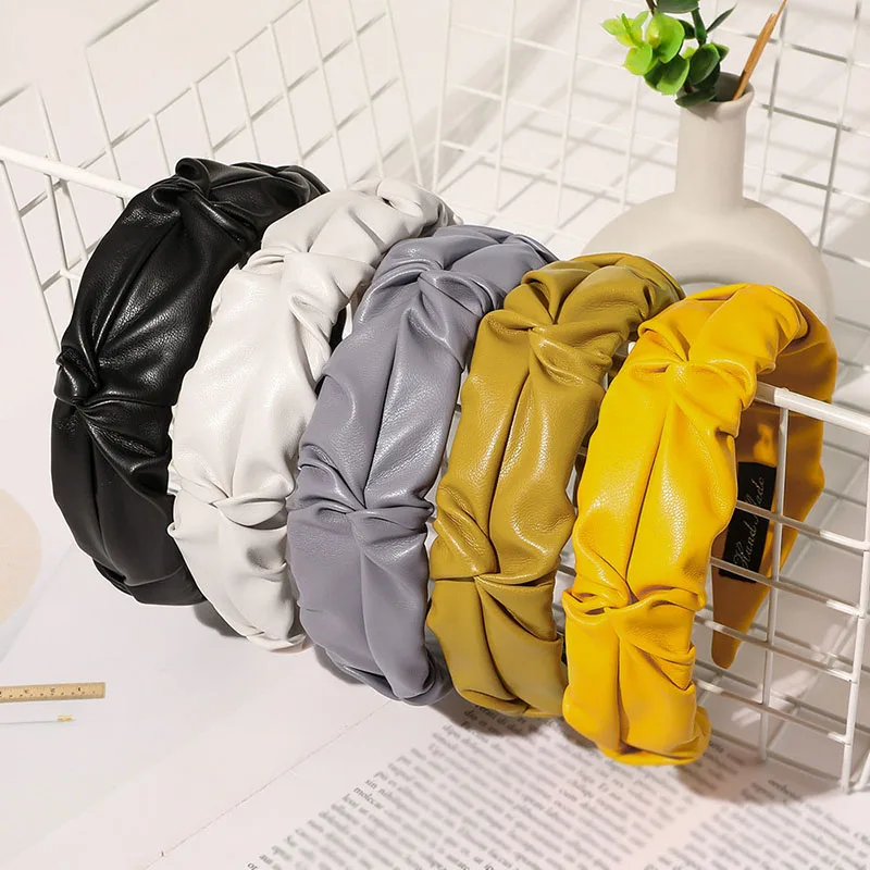 

Pleated Artificial Leather Soft PU Leather Headbands Vintage Solid Color Casual Hairband Candy Color Turban Hair Accessories New