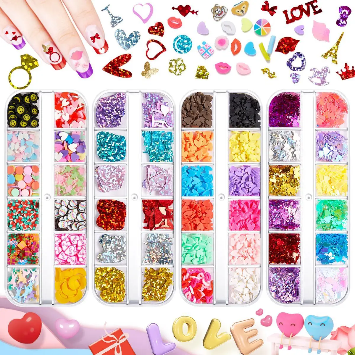 

12 Grid Soft Pottery Nails Art Accessories Love Nail Glitter Multi-purpose Nails Patch Decoration