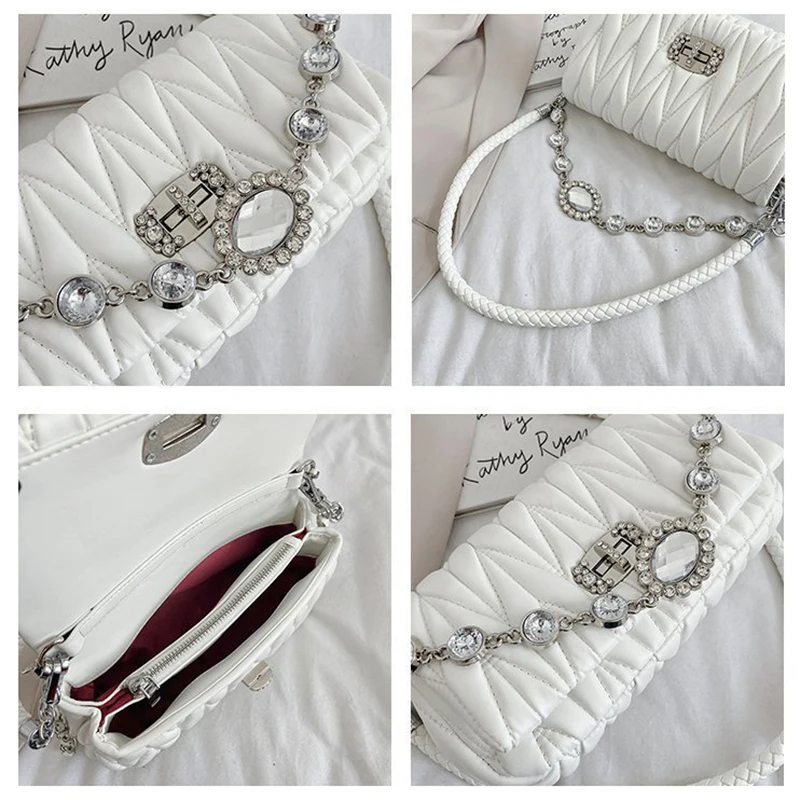 

Luxury Designer Rhinestone Handbags Women Hobo Totes New Chain Shoulder Messenger Bag Fashion Embroidery Thread Small Square Bag