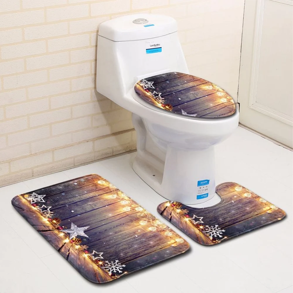 

Christmas Toilet Seat Cover 3pcs Set Bathroom Mat Home Absorbent Door Mats Washroom Printing Rug Decoration Carpet Flannel