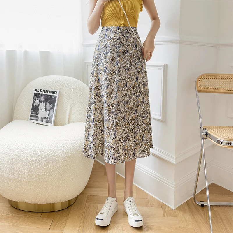 

Vintage Chiffon Skirt Ladies Summer Floral Print A-Line Elastic Waist Apricot Female Korean Fashion Mid Length Skirts for Women