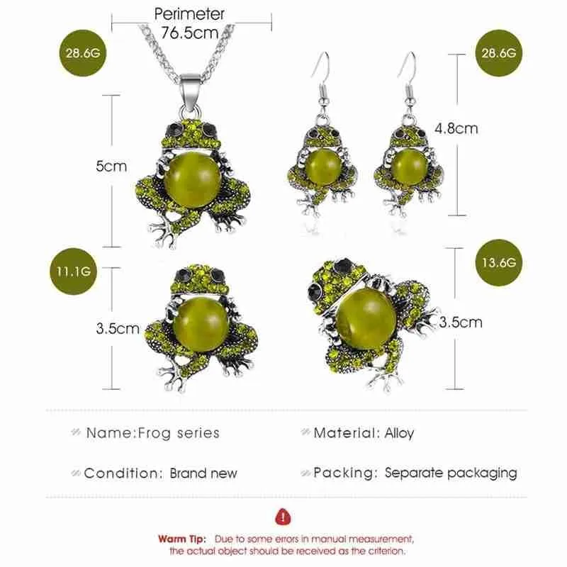 

Cute Green Frog Pendant Jewelry Sets Creative Vintage Earrings/necklace/ring/brooch Rhinestone Fashion Jewellery