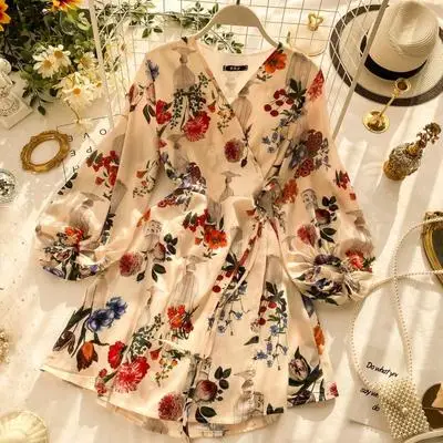 

Warp Dress Autumn Elegant Mini Dress Holiday Beach Dress Women Lantern Long Sleeve Flower Dress V-Neck Lace-up Chiffon