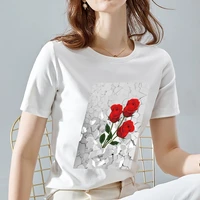 fashionable womens top basic tshirt 3d growth rose pattern printing casual top round neck slim lady commuter white short sleeve