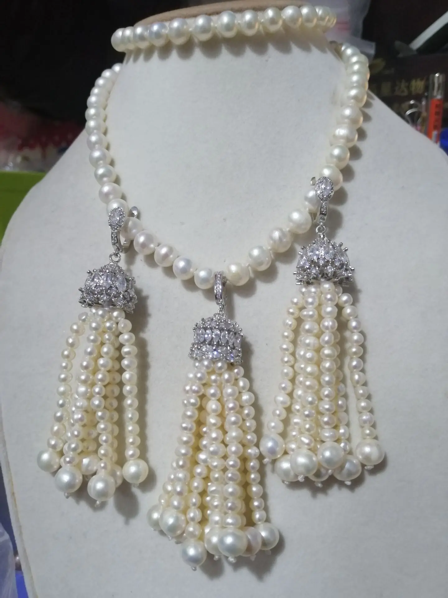 Белая круглая пресноводная жемчужина AA 9-10 мм, с кисточкой и серьгами, ожерелье и серьги, оптовая продажа