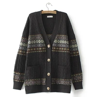 women cardigan autumn winter plus size v neck twist sweater loose contrast color knitwear two pockets knitted jumper xxl4xl