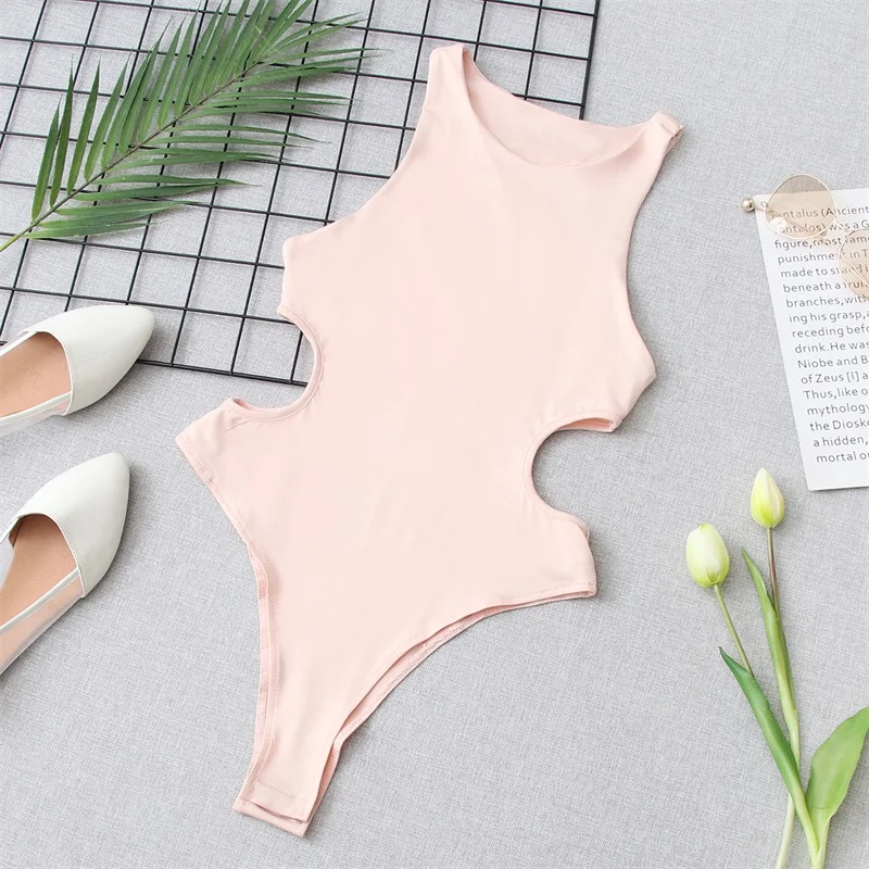 

TRAF Women 2021 Sexy Fashion Slim Solid Bodysuits Vintage O Neck Sleeveless Female Playsuits Streetwear