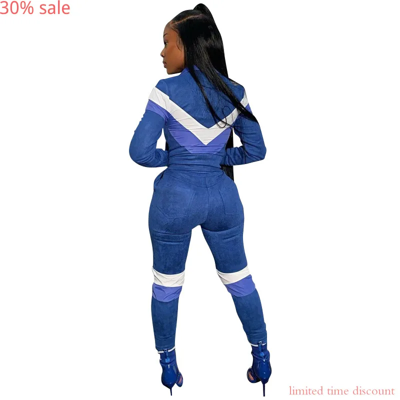 Синий женский комплект для бега повседневный спортивный костюм с длинным