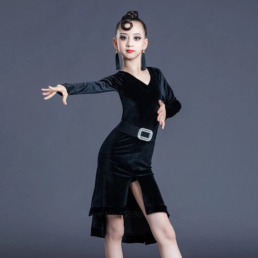 

Children Latin Dance Dress Black Bodysuit Girls Dancing Clothes Mermaid Skirt Kids Practice Costumes Tassel Dance Dress Autumn