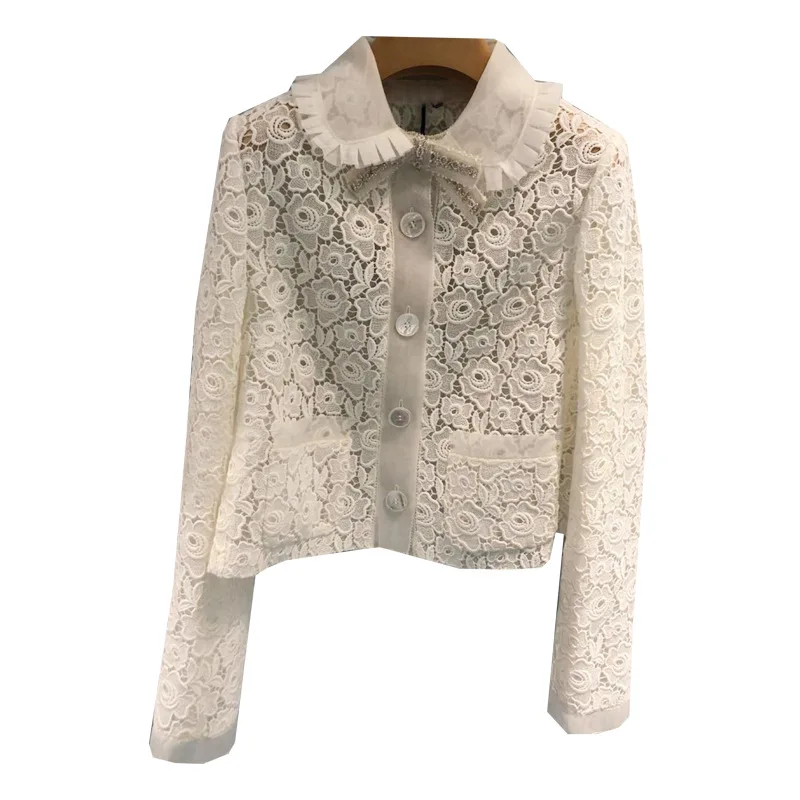 

AELESEEN Runway Fashion Office Ladies Blazer Autumn Long Sleeve Bow Luxury Diamonds Hollow Out Tassel Lace White Blazers