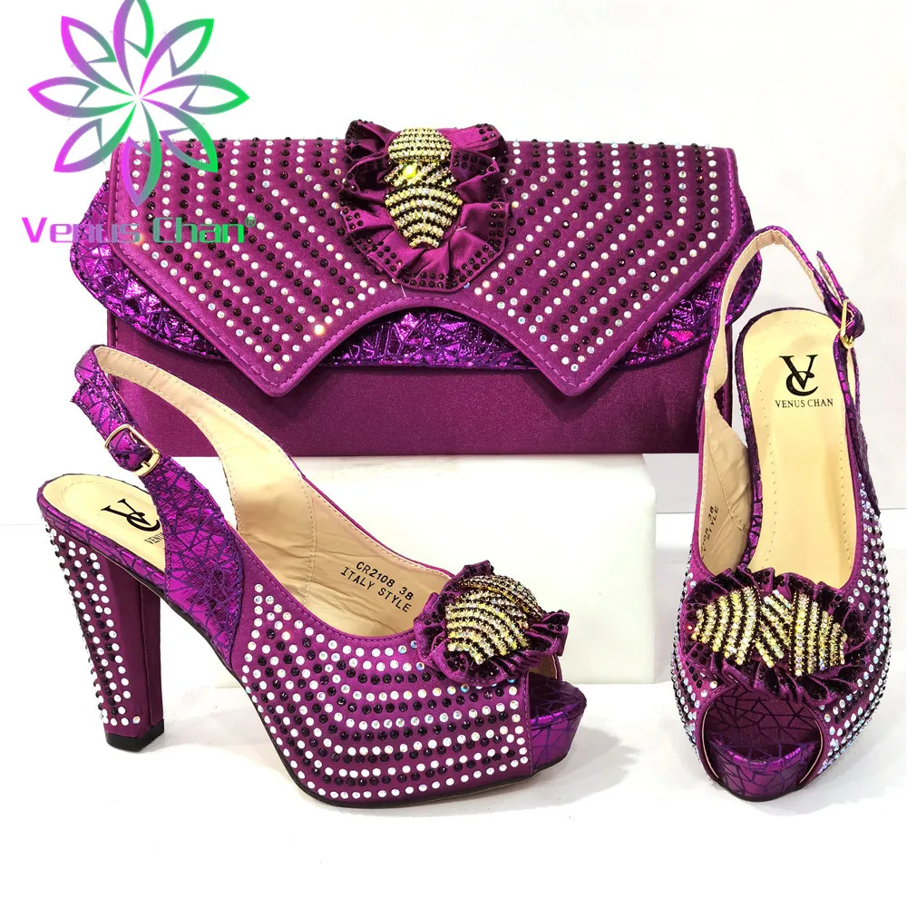 

New Arriva Italian Design Phoenix Shape Metal Decoration Style Party Women Shoes and Bag Set With Platform in Purple Color
