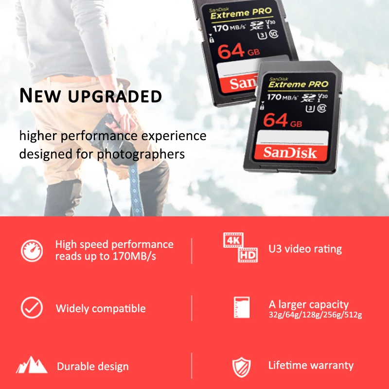 SanDisk Оригинальная карта памяти 32 ГБ SD-карта 64 128 256 SDXC Extreme PRO 170 МБ/с./с