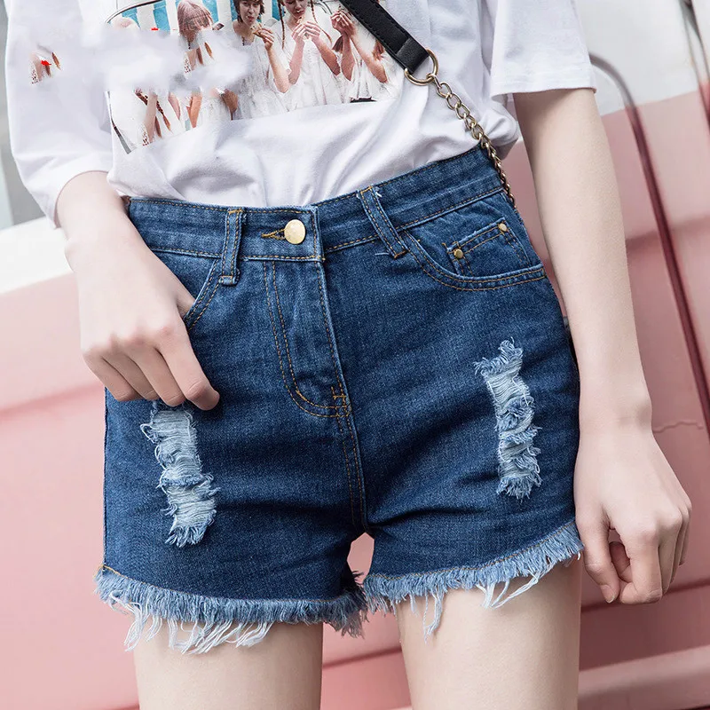 Черные рваные джинсовые шорты для женщин большого размера синие потертые с