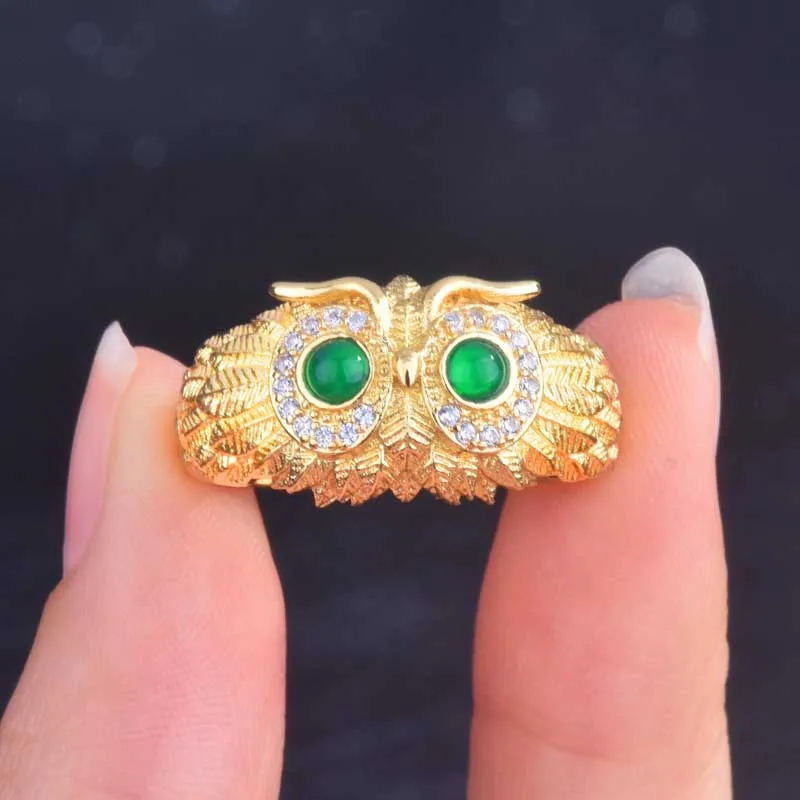

Cute Owl Ring With Vintage Green Chalcedony Stone Fashion Animal Jewelry Gold Rings For Women Party Luxury Anniversary Gift