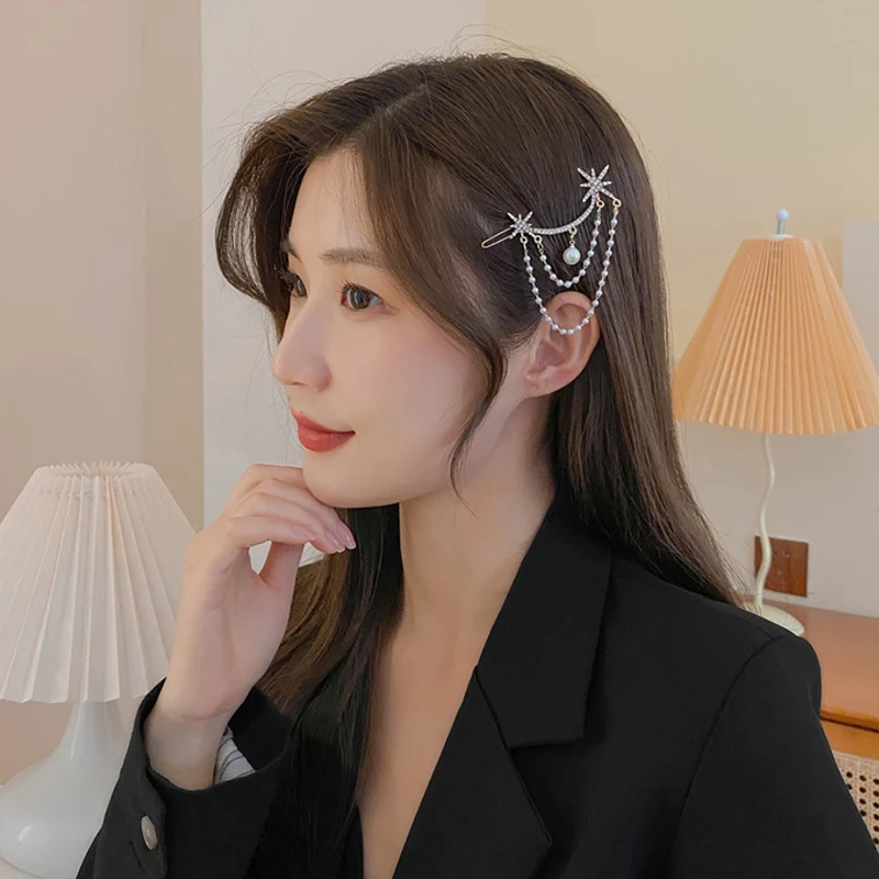 

Unique Personality Temperament Eight-Pointed Star Bowknot Pearl Tassel Hairpin Female Headdress Hair Accession 2021 Jewelry
