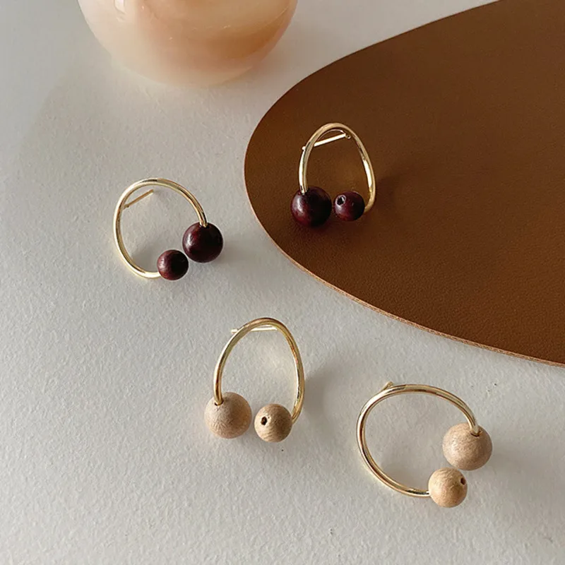 

Korea Design Retro Wooden Irregular Stud Earrings Simple For Women Gold Color Metal Hypoallergenic Party Gift Aesthetic Jewelry
